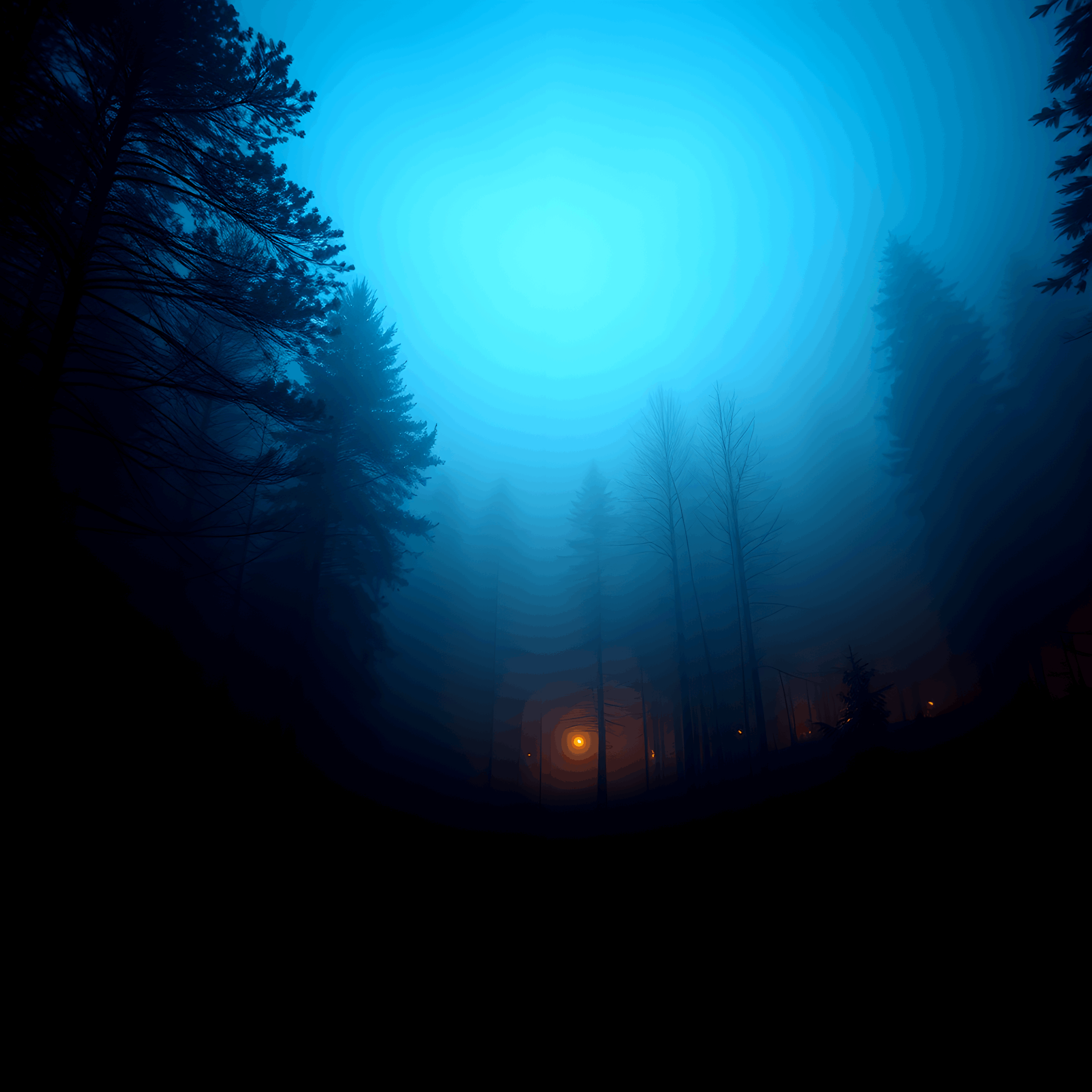Cinematic wide shot of a misty forest at twilight, dramatic lighting, subtle blue and orange tones, soft depth of field, shot on anamorphic lens, atmospheric, surreal mood, high contrast shadows